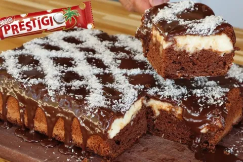 Bolo bomba de prestígio, que já sai recheado do forno e fica