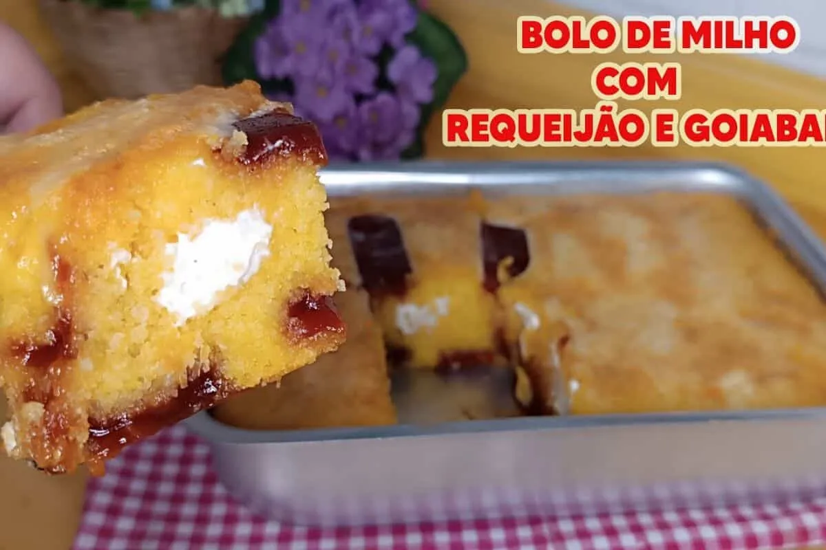 Bolo de milho de latinha com goiabada e requeijão, muito prá