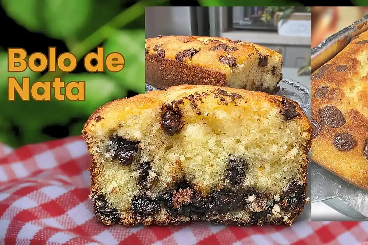 Bolo de nata com gotinhas de chocolate bem macio e saboroso,