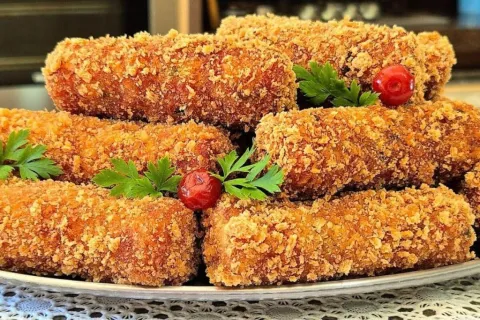 Croquete de calabresa crocante por fora e com recheio muito 