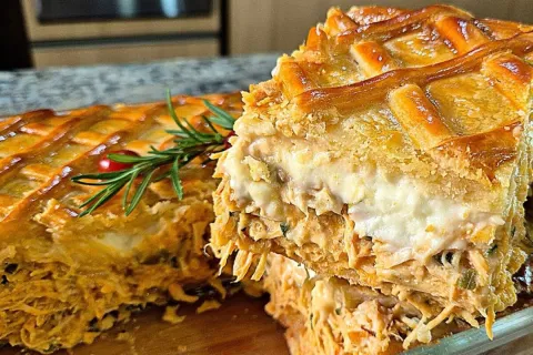 Empadão de frango com recheio cremoso e bem temperado, feito