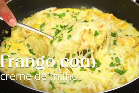 Frango com creme de milho que fica muito gratinado e saboros