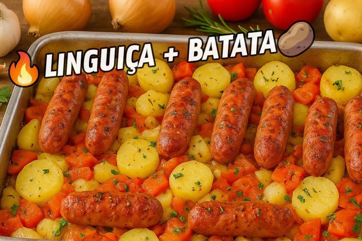 Linguiça assada com legumes simples e saborosa, prato fácil