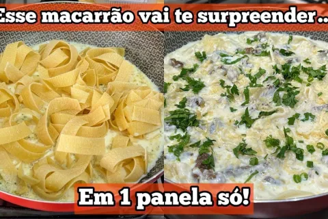 Macarrão ao molho de leite com queijo e carne feito tudo em 