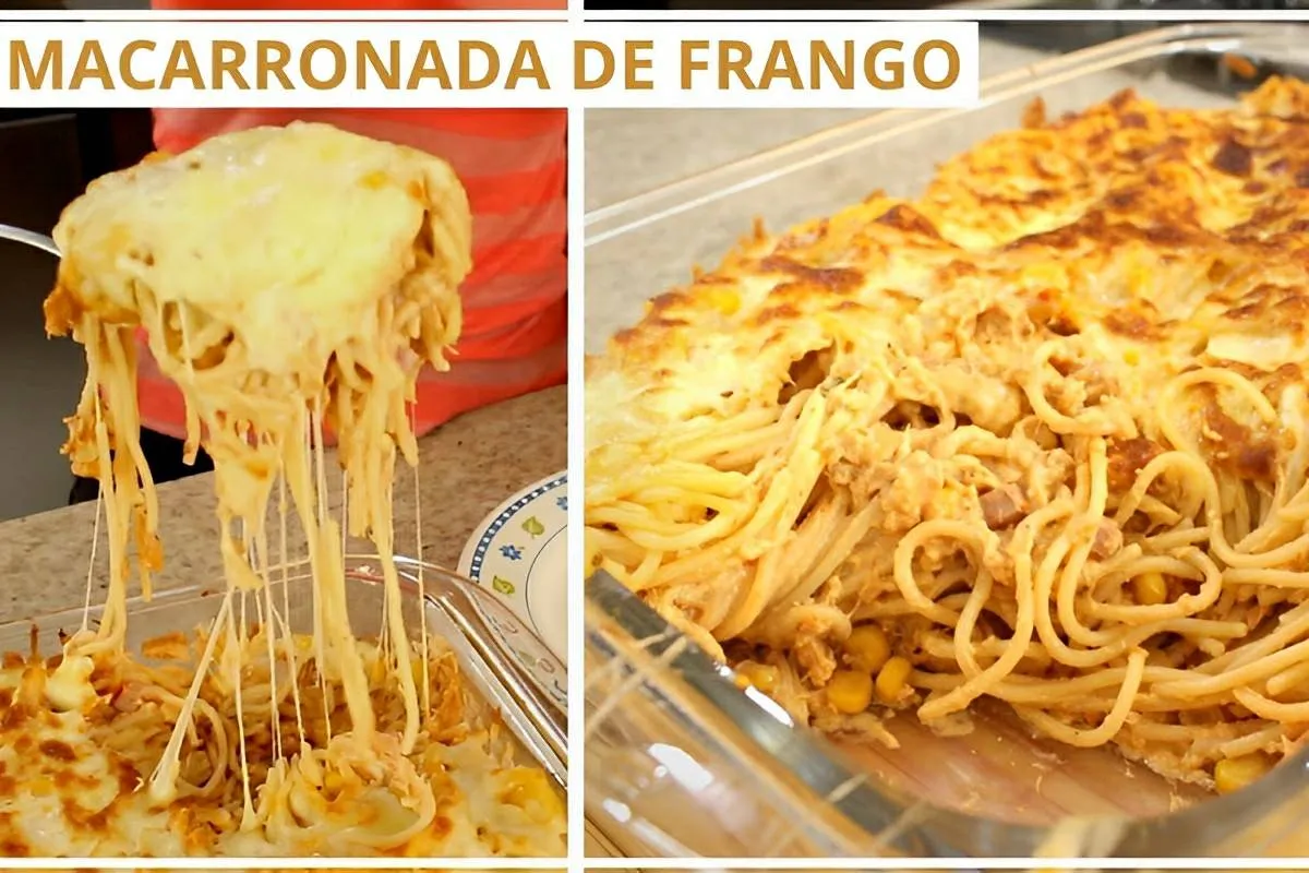 Macarrão de frango com creme de leite gratinado uma delícia