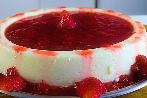 Manjar com calda de morangos lindo, delicioso e fácil, para 