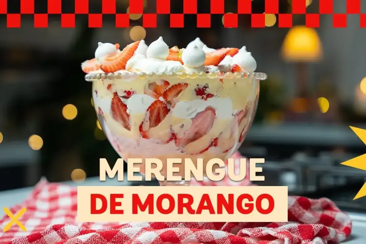 Merengue de morango com muito creme e pedaços frescos da fru