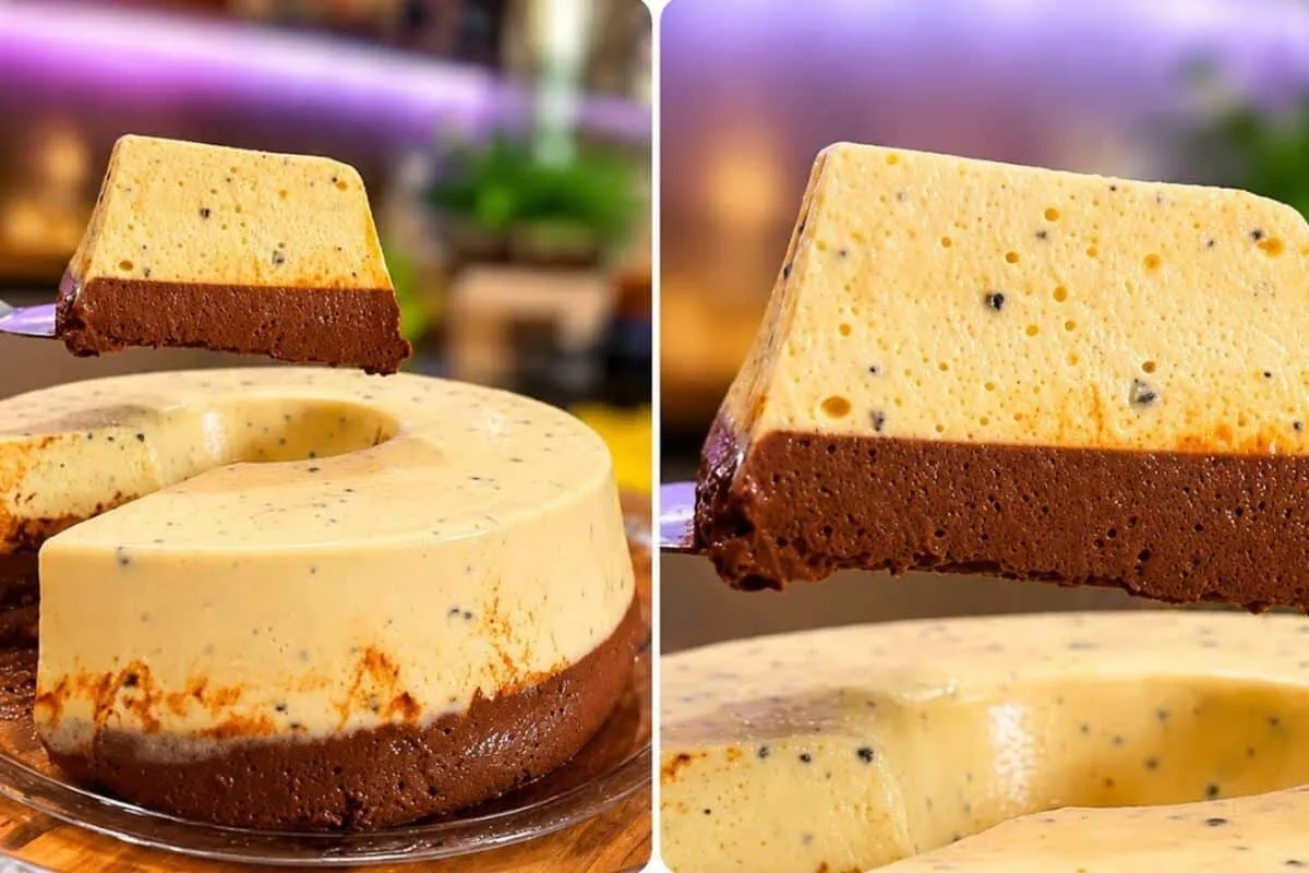 Pudim de dois sabores combinando chocolate e maracujá super