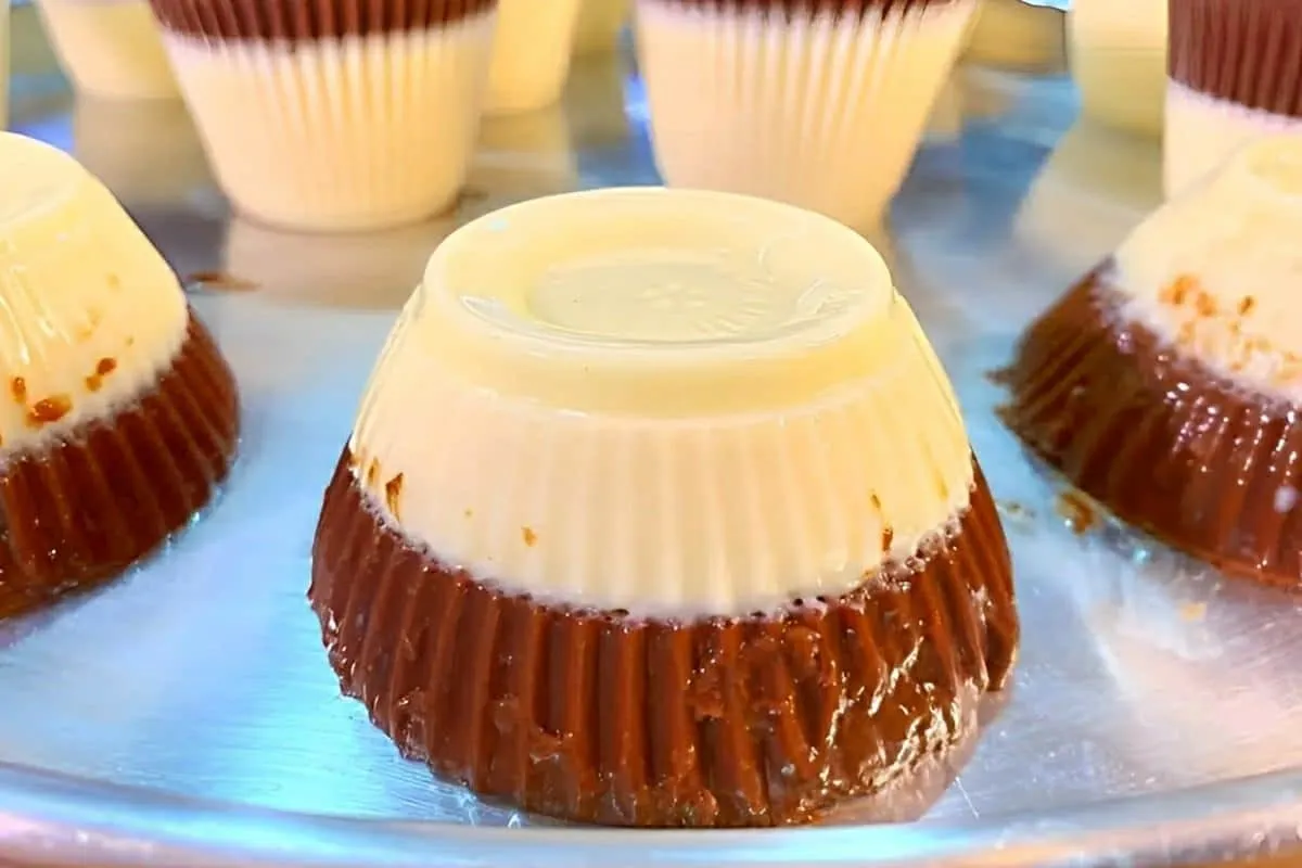 Pudim no copinho sabor leite ninho com chocolate é só bater