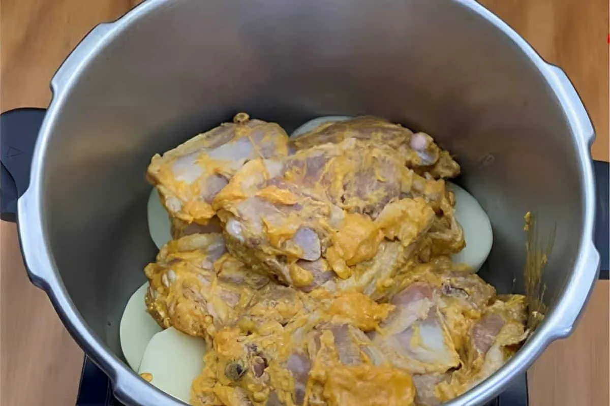 Sobrecoxa de frango na panela de pressão rápida saborosa e p