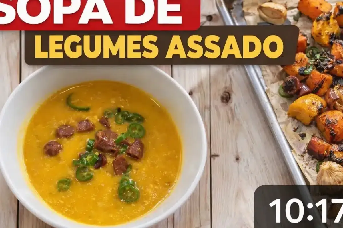 Sopa de legumes assados no forno com ervas aromáticas e bati